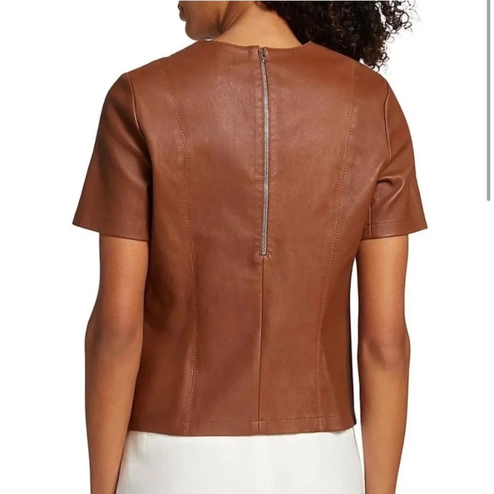 TWP Women's Cognac Brown Lambskin Leather Short Sleeve Tee Top Size Extra Small - Picture 2 of 5